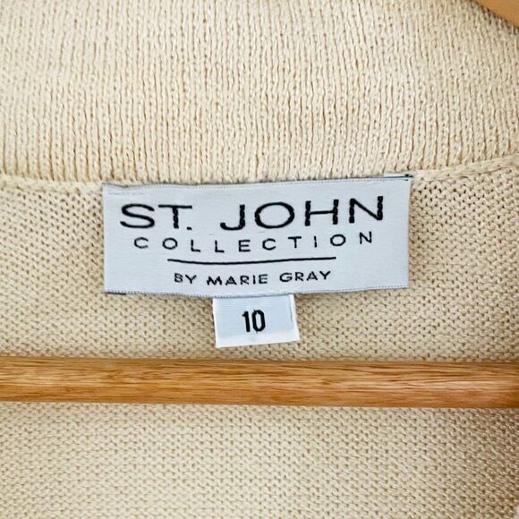 St John Collection Marie Gray Sz 10 Collared Striped Cardigan V-Neck Gold Button - Picture 9 of 13